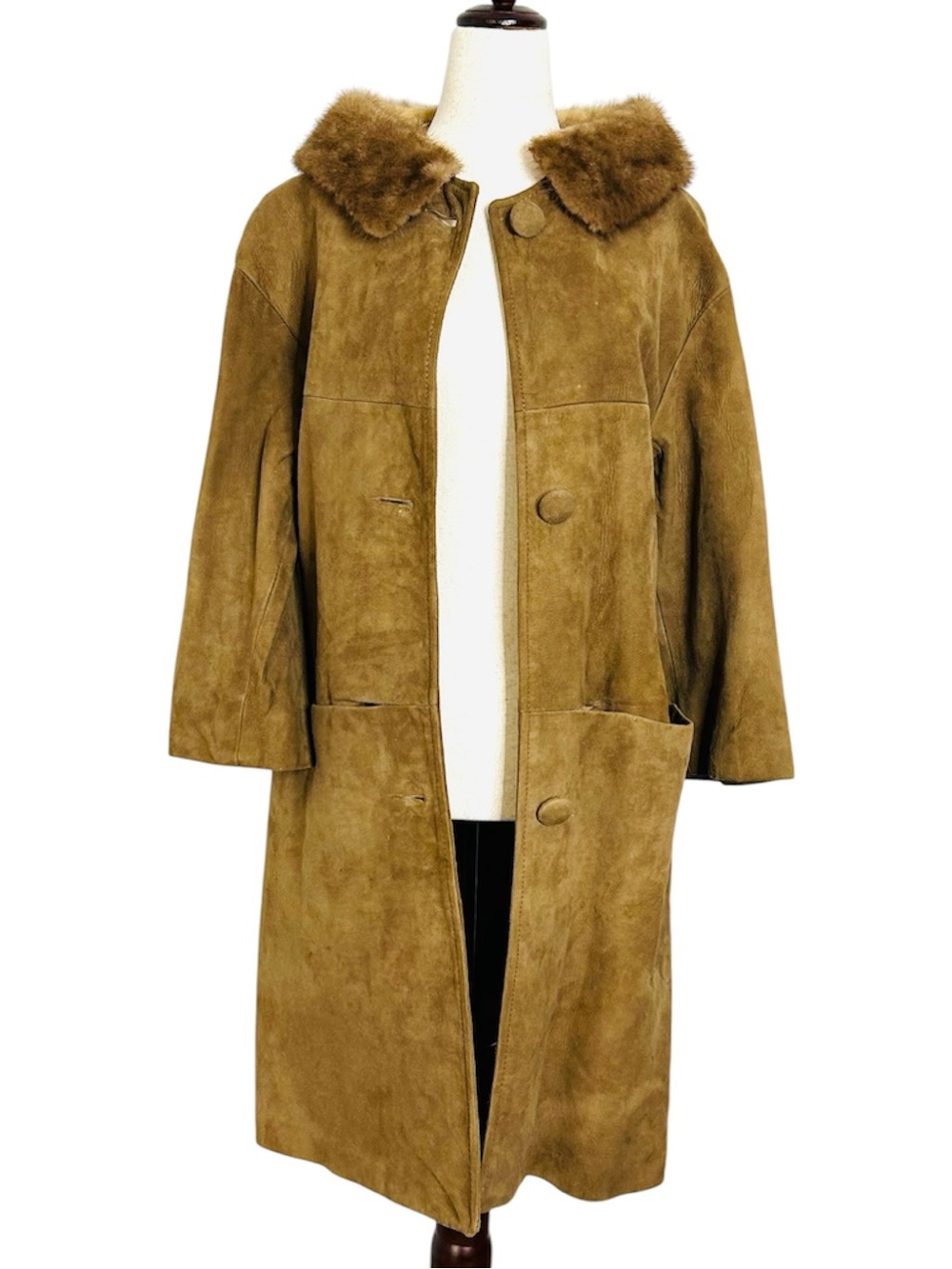 Vintage 1960’s Brown Suede Swing Coat, 3/4 Length, Fur Collar, Small/Medium
